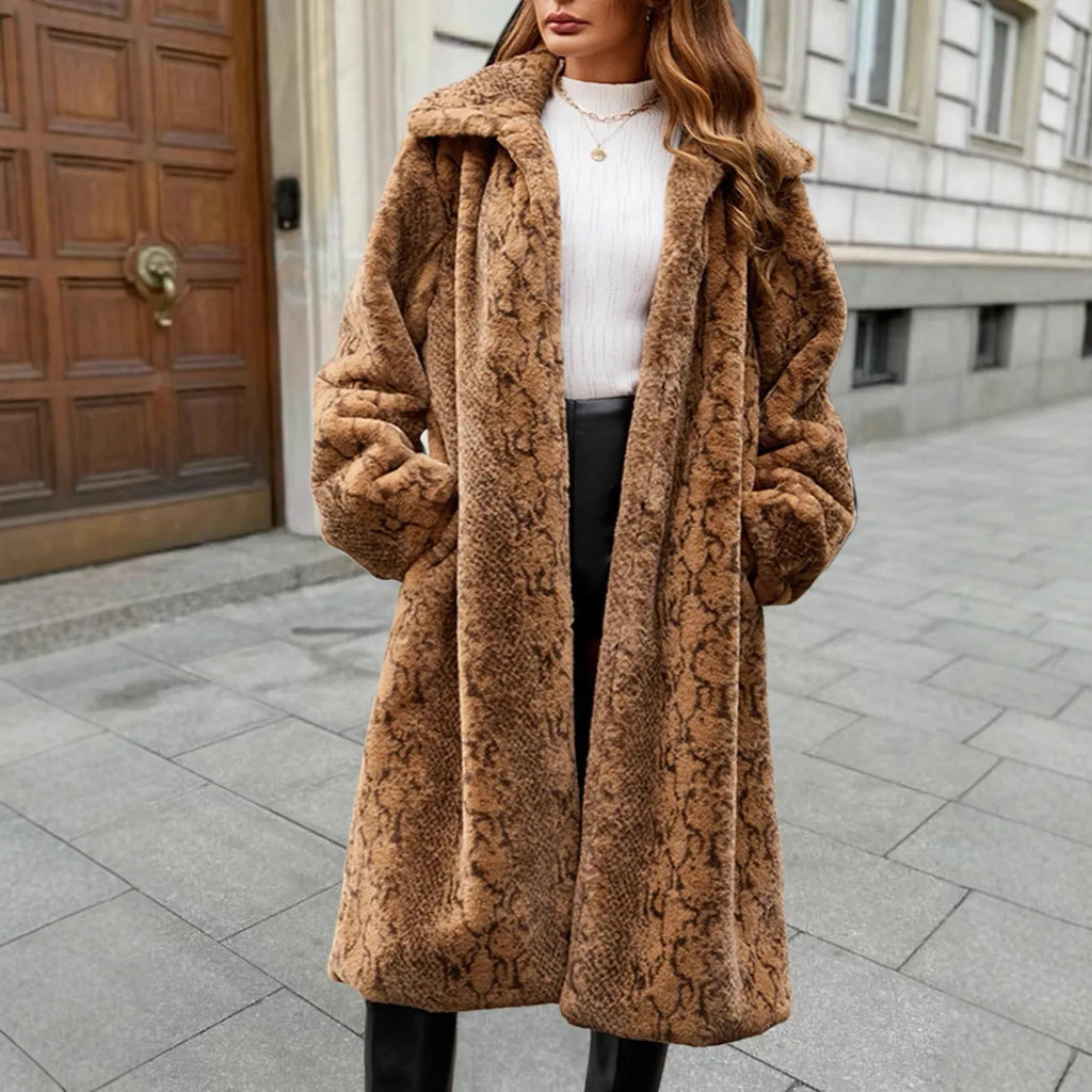 Women's long brown leopard print faux fur coat with regular sleeves and an over-the-knee length.