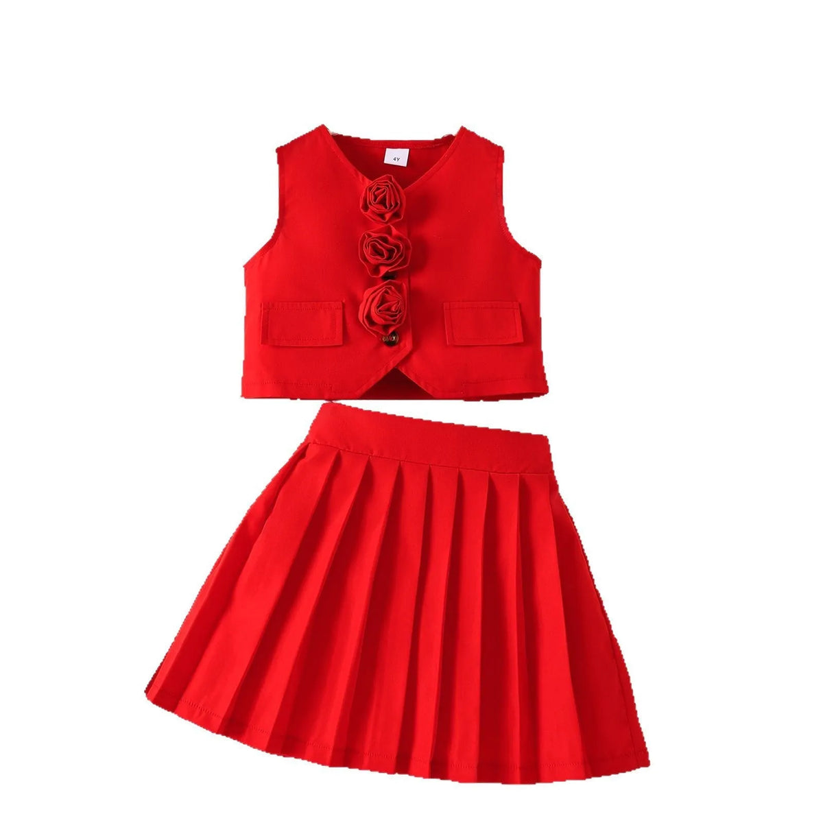 Girls suit vest and pleated skirt set in solid red colour, polyester fabric, front view
