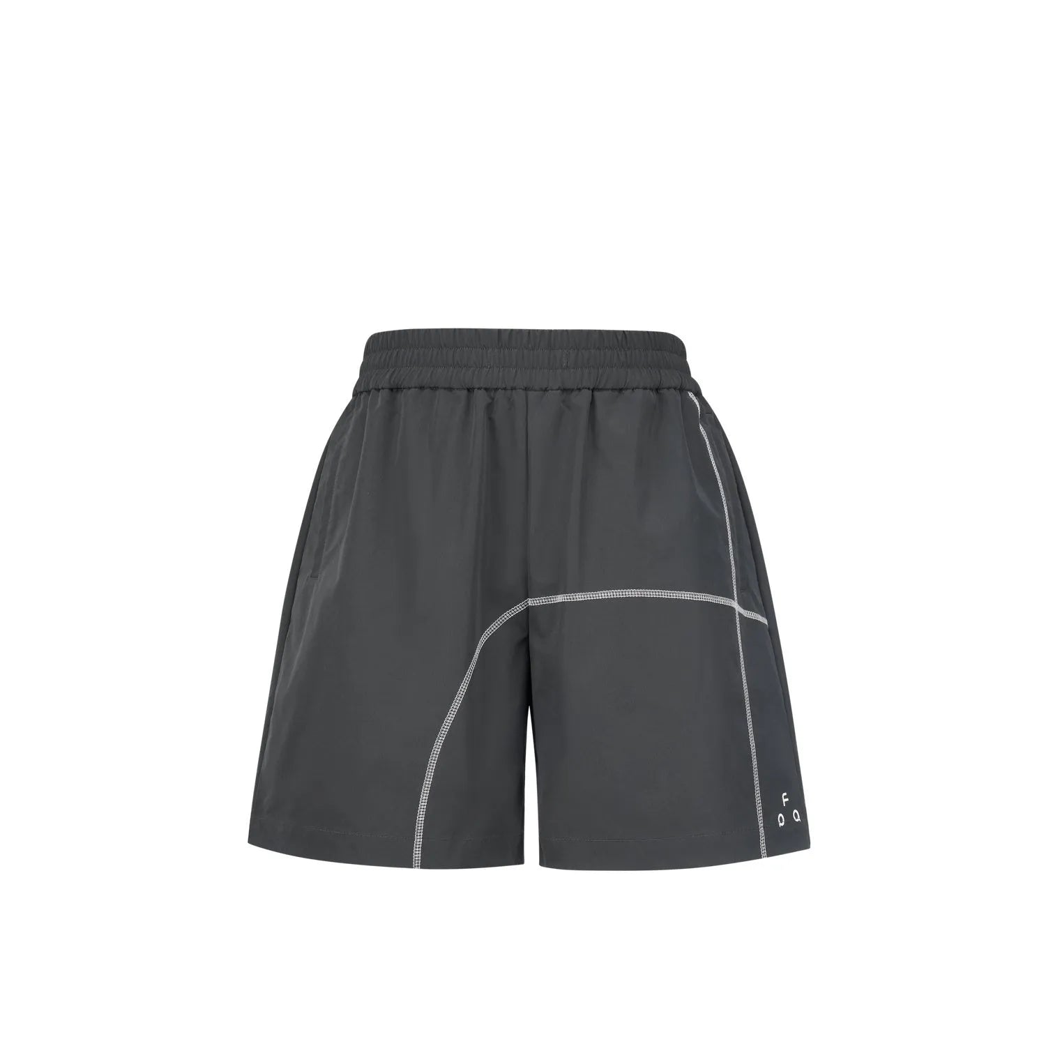 Man wearing retro grey drawstring beach shorts made from high elasticity polyester fabric.
