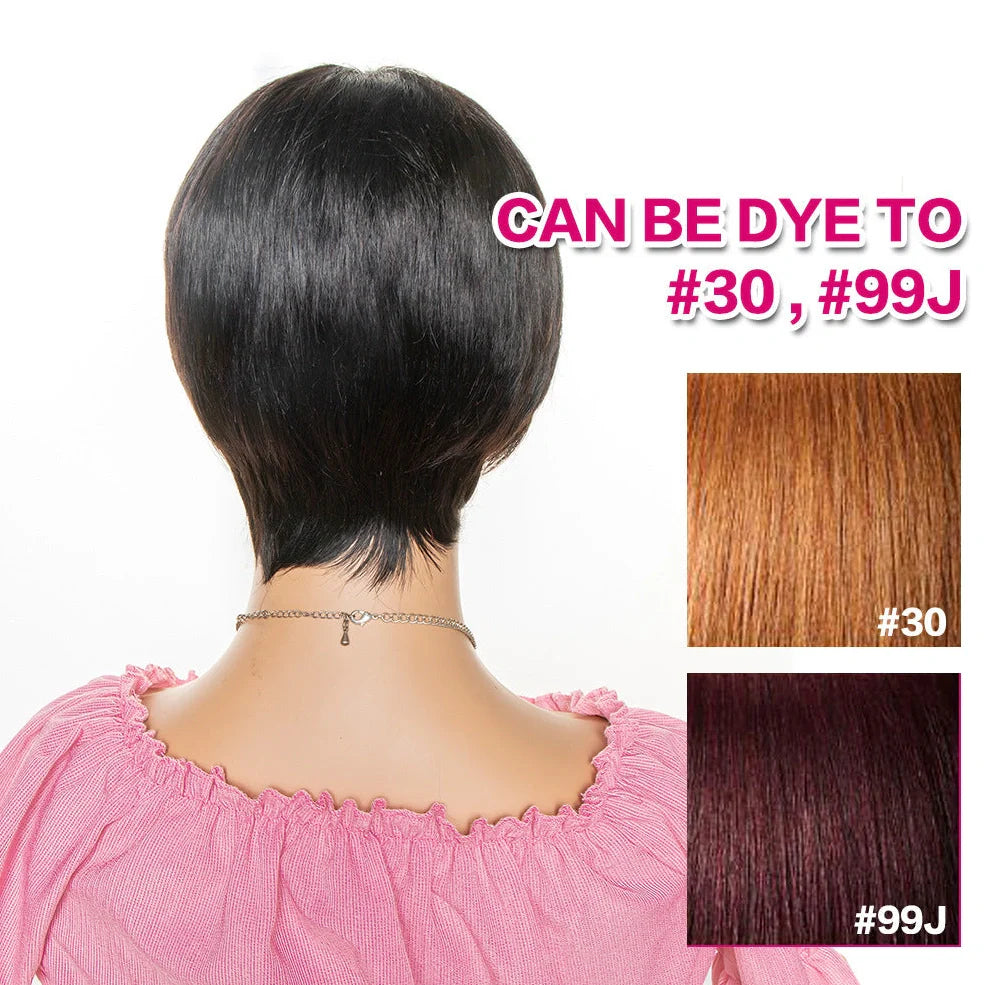 Short black pixie cut human hair wig with bangs on adjustable cap