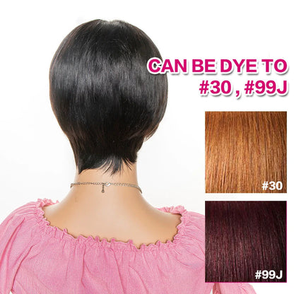 Short black pixie cut human hair wig with bangs on adjustable cap