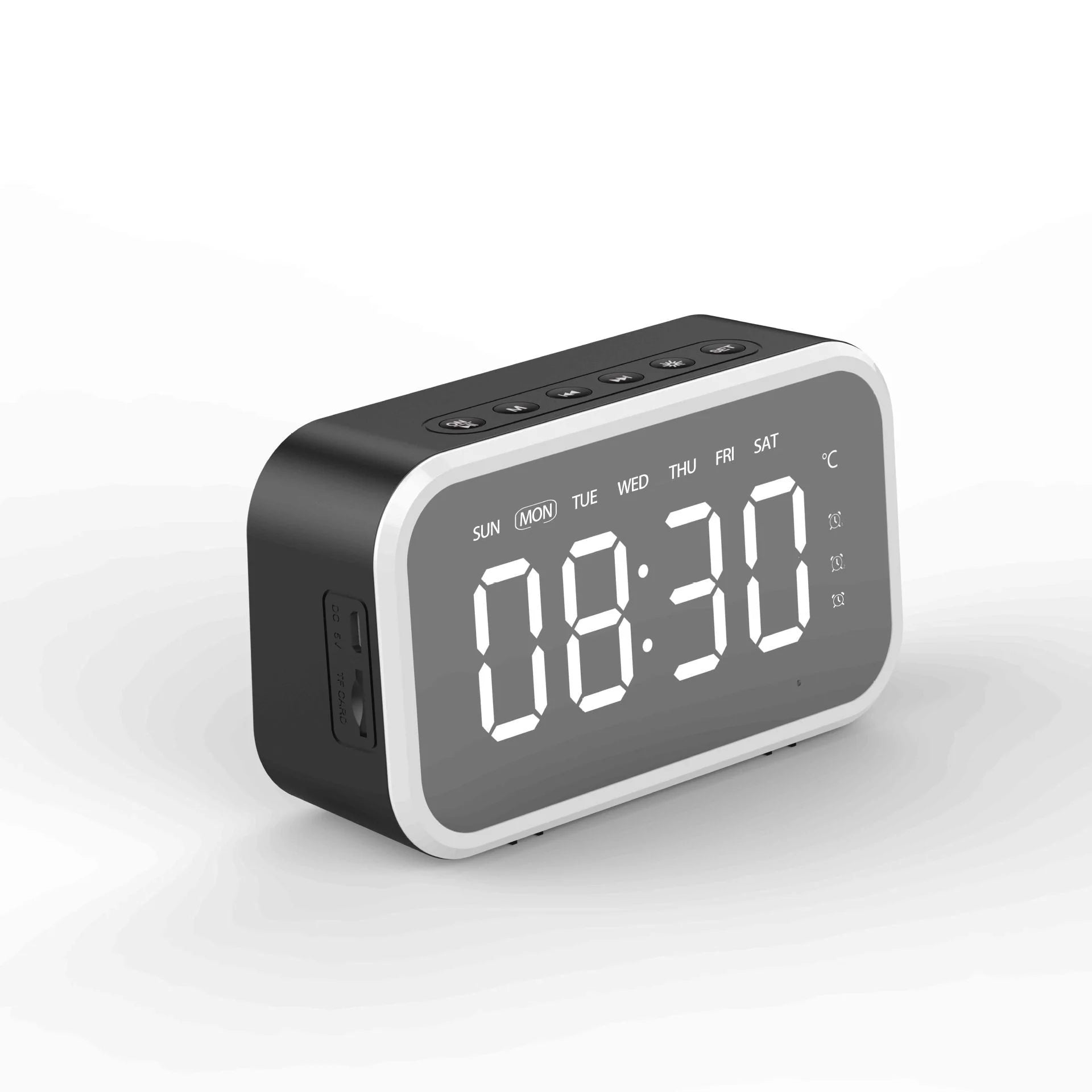 Desktop alarm clock with Bluetooth wireless audio in black, pink, and white