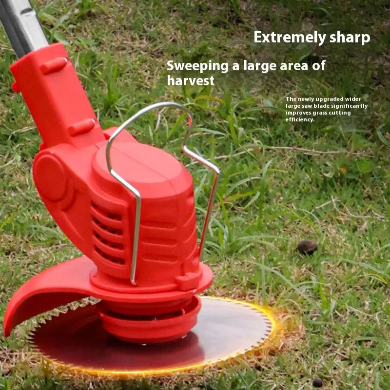 Portable household weeding machine in bare metal finish for garden pruning and vegetation control.