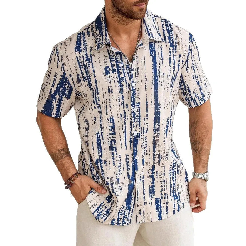 Man wearing a blue striped short sleeve casual shirt with 3D printing detail.