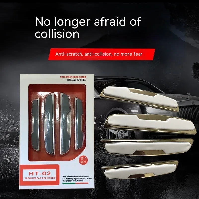 Black plastic silicone car door bumper protection strips, four-piece set showing dimensions.