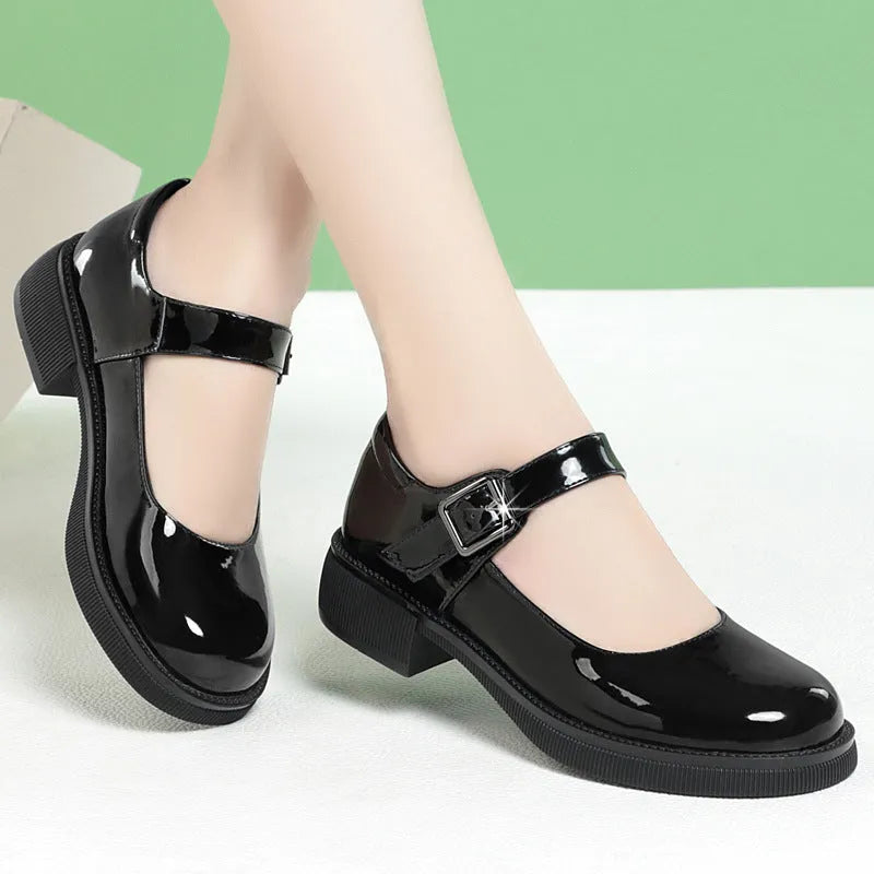 Women's round toe black cow split leather pumps with buckle strap and 3.5cm mid flat heel
