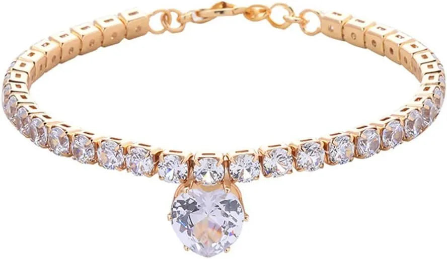 Gold rhinestone heart shaped pet collar with extension chain on white background