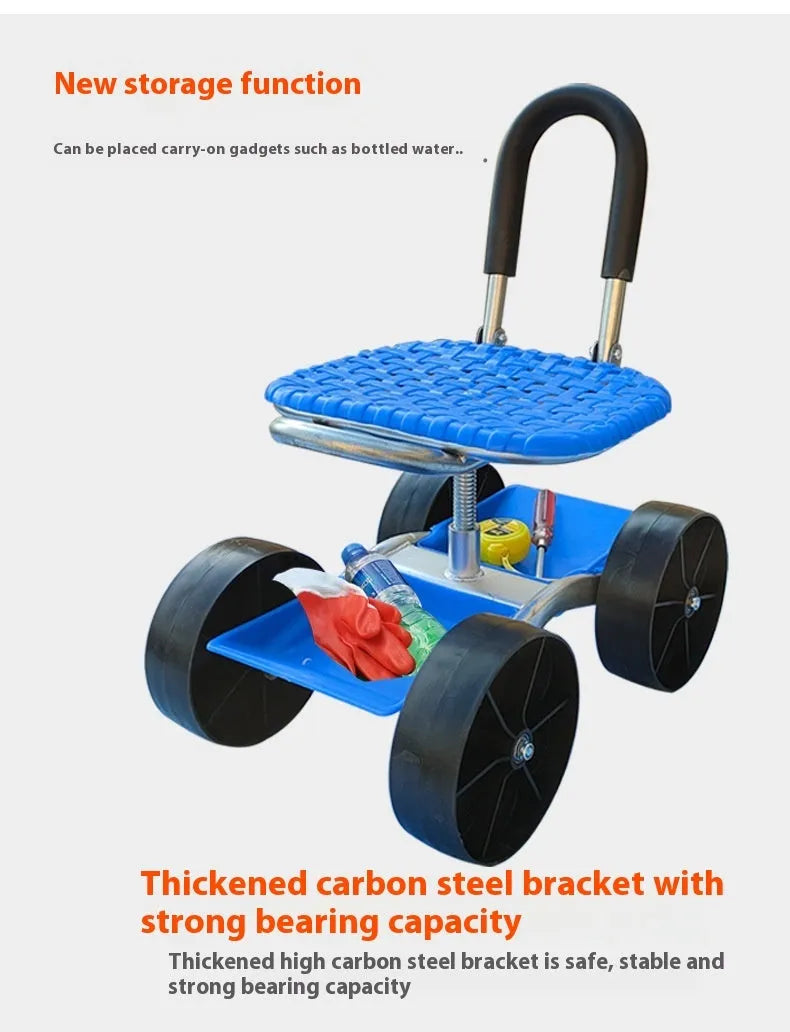 Folding garden mobile seat with wheels and galvanized pipe frame for outdoor use