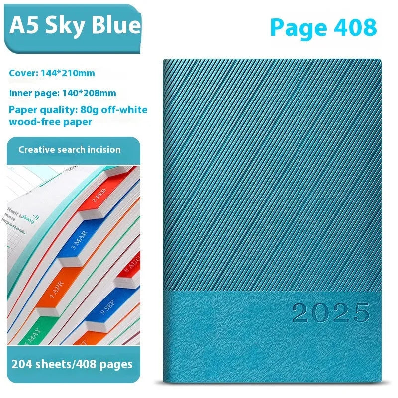 A4 business notepad with striped PU leather cover showing eight colour options including Bean Green, Black, and Sapphire Blue