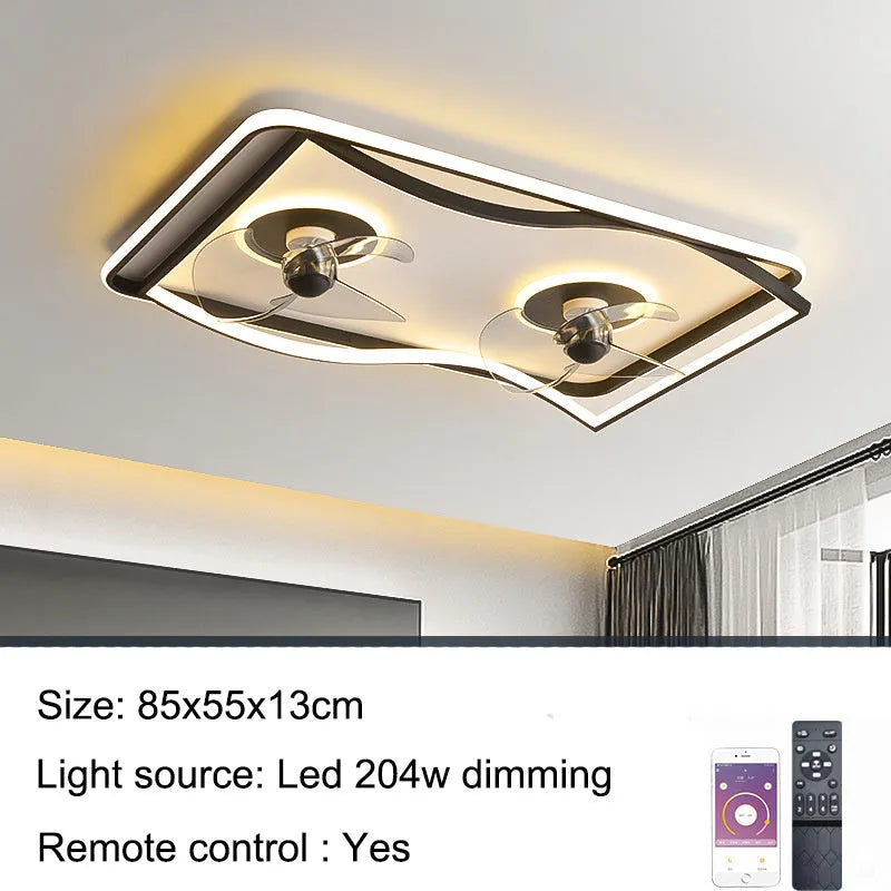 Modern black ceiling fan lamp with integrated lighting and remote control for bedroom or dining room