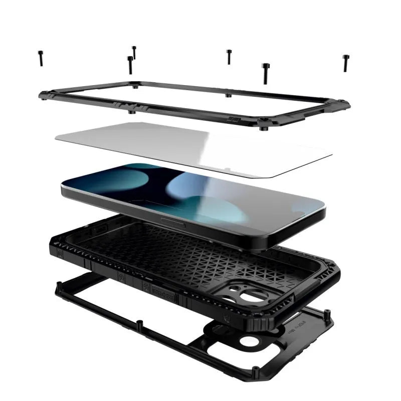 Outdoor sports metal phone case for iPhone 15, two-in-one design, alloy frame, black colour