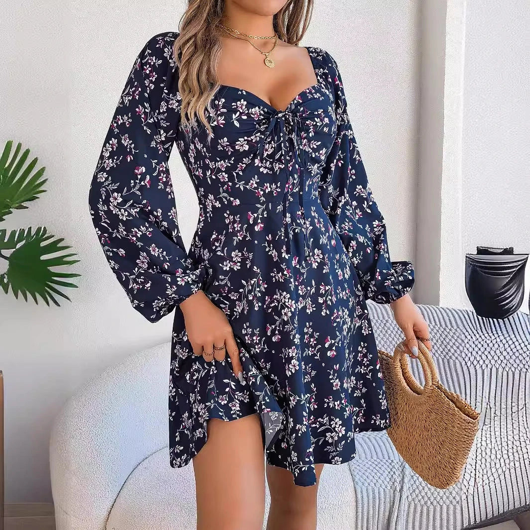 Stylish floral dress with lantern sleeves in various colors and sizes, showcasing a comfortable and flattering A-line silhouette.