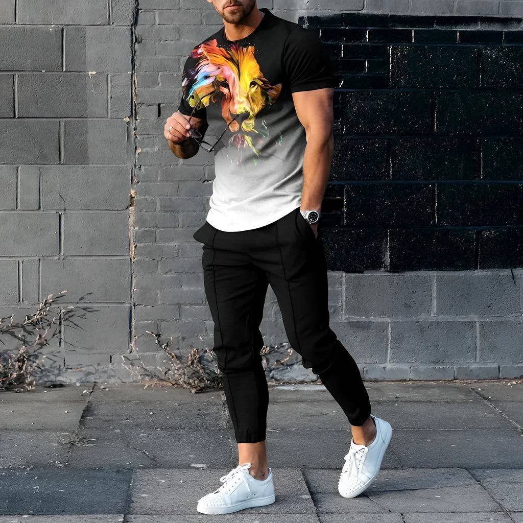 Men's short-sleeved round neck pullover and matching trousers sportswear set in a thin polyester fabric