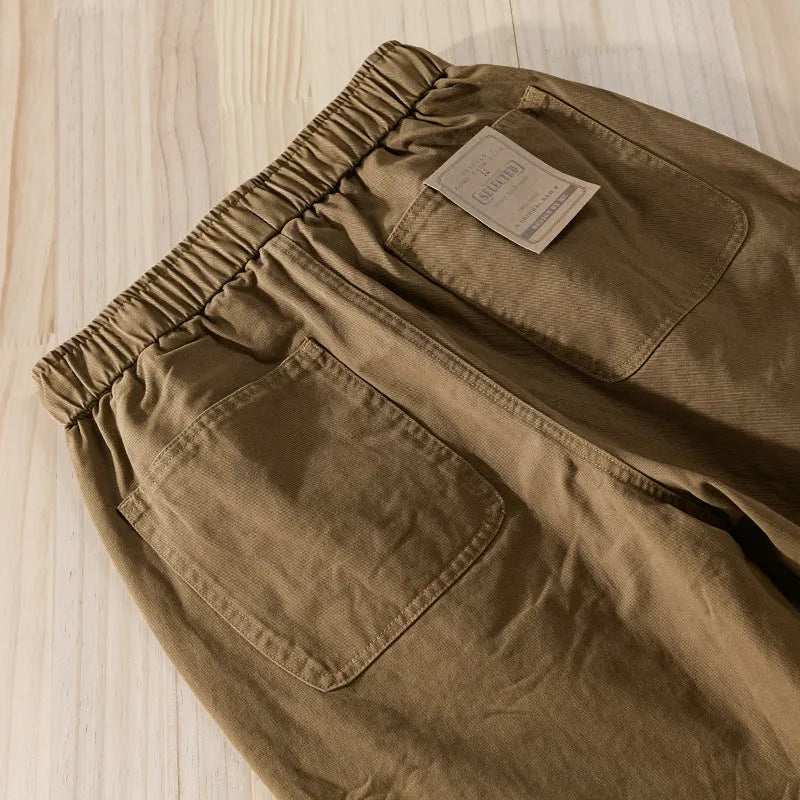 Men's Amekaji cotton overalls with drawstring waist and ankle-banded legs in Army Green colour