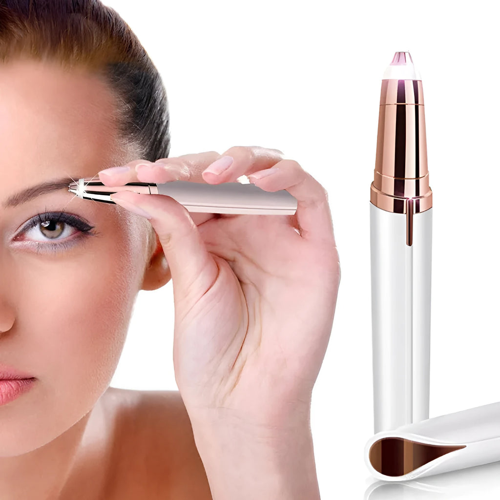 Gold-plated eyebrow epilator trimmer pen with LED light on white background