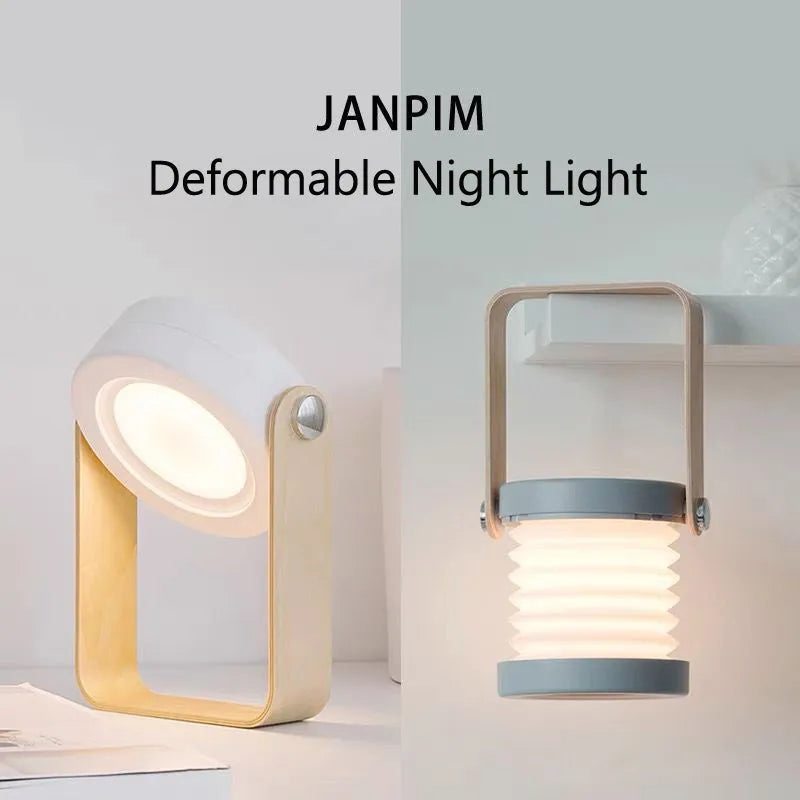 Foldable touch dimmable LED reading lamp in white, showing table lamp and lantern modes.