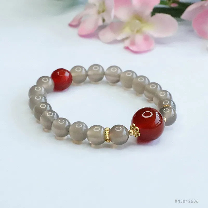 Natural smoky purple chalcedony and red agate bracelet with 8mm geometric beads.