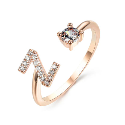 Elegant 26-letter adjustable initial ring in gold, silver, and rose gold finishes