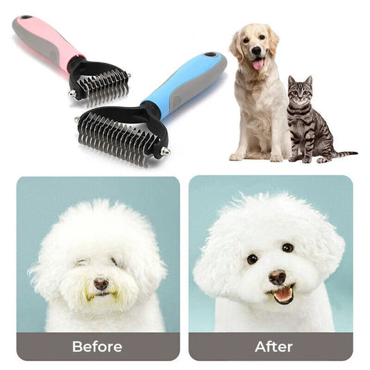 Dual-sided pet grooming brush in blue and pink for effective deshedding and dematting