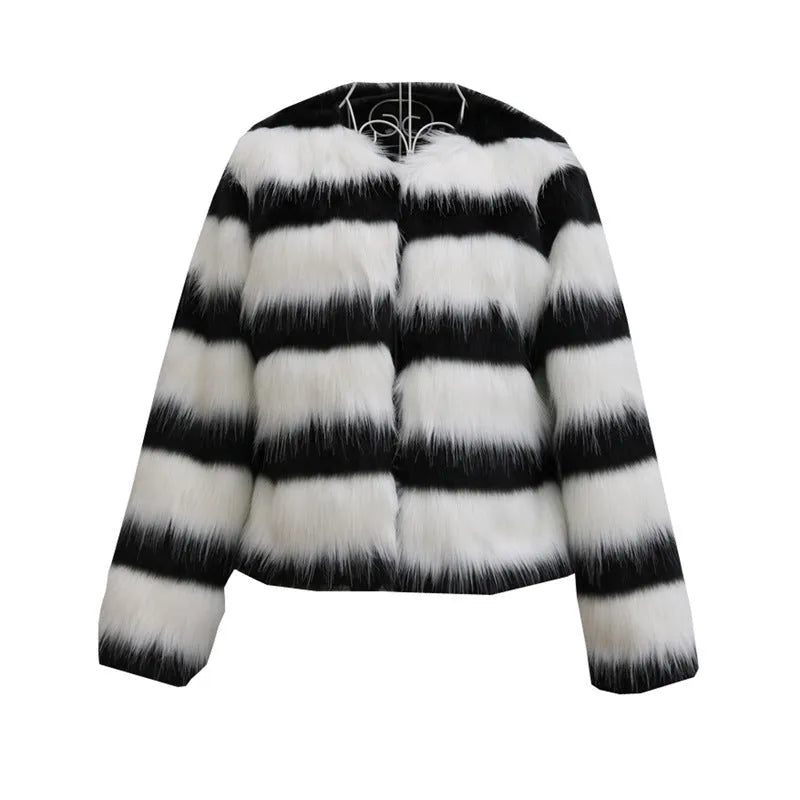 Women's black and white striped faux fur long-sleeved jacket for street fashion