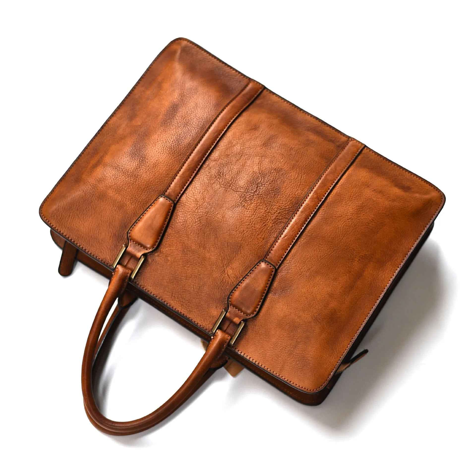 Men's 14-inch khaki leather business handbag with horizontal retro design and zipper opening