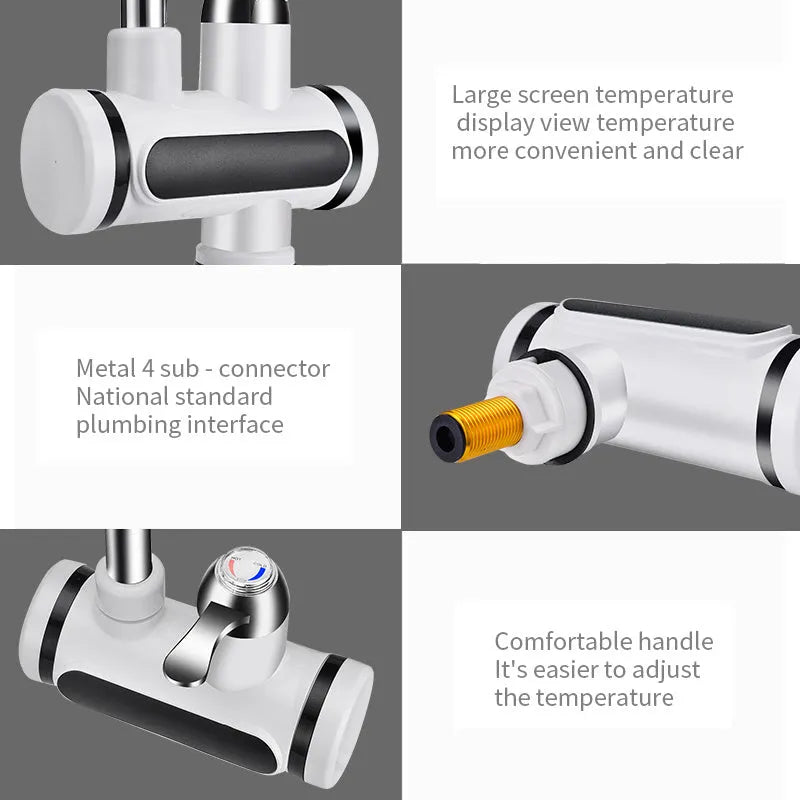 White electric water heater tap with digital temperature display and 3000W fast heating capability