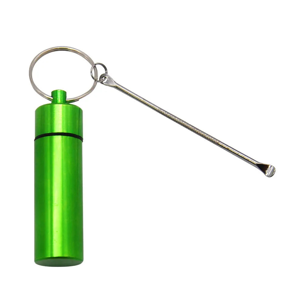 Aluminium portable medicine storage bottle with spoon and keychain in five colour options
