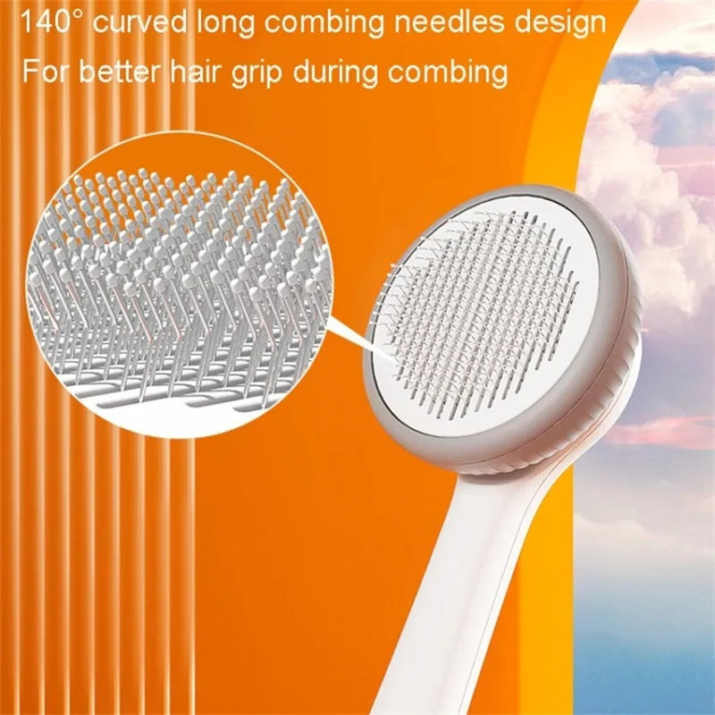 Blue and white self-cleaning pet grooming slicker brush for cats and dogs on a wooden surface.