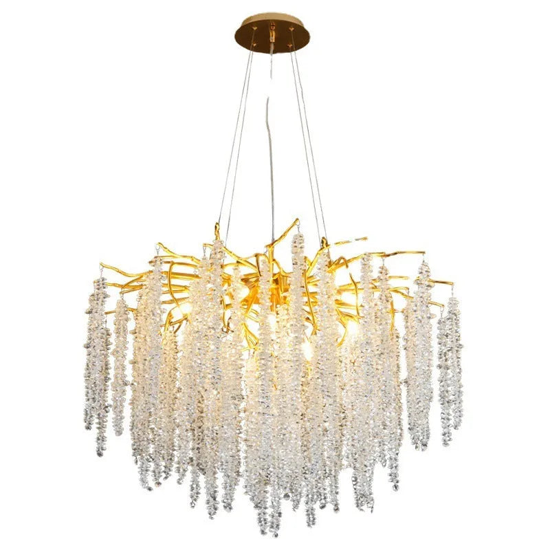 Luxury-style aluminium alloy crystal chandelier with LED lights and adjustable suspension.
