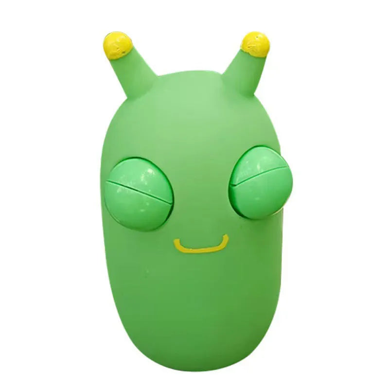 Green caterpillar squeaky toy with eye-popping feature, 8cm long PVC decomposition prank item