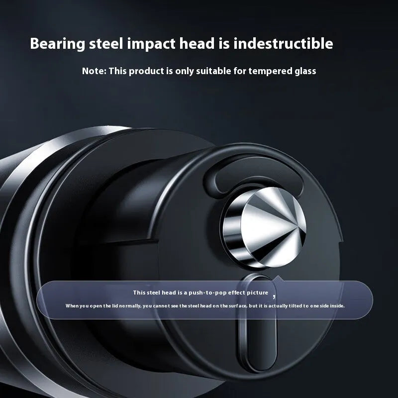 Gun grey aluminium alloy automobile safety hammer with steel impact head, shown with test glass and rubber mount.