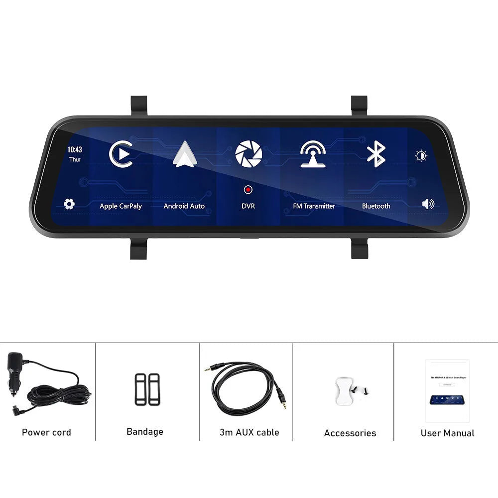 9.66-inch HD driving recorder mirror with CarPlay and Android Auto on vehicle windshield