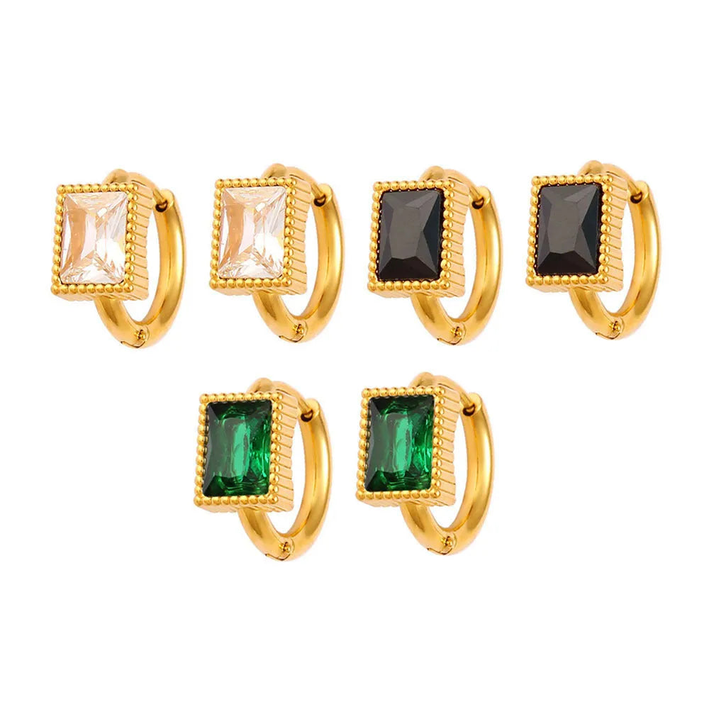 Square geometric stainless steel earrings with round rings and zircon accents, shown in white, black, and green colour options.