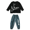 Children loose cotton hip hop performance top and pants set in black and grey blue for dance