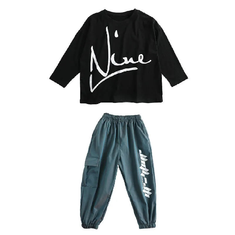 Children loose cotton hip hop performance top and pants set in black and grey blue for dance