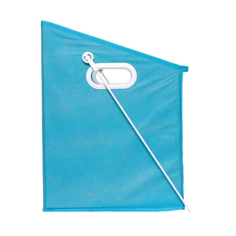 Blue folding storage basket with clear front panel shown on a shelf, folded flat and in use.