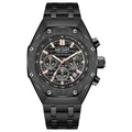 Men's multifunctional waterproof quartz watch with blue, rose gold edge black steel, and all black steel strap options
