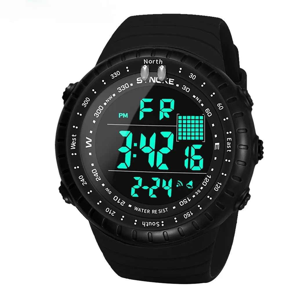 Black waterproof outdoor electronic watch for men with large plastic case and PU strap.