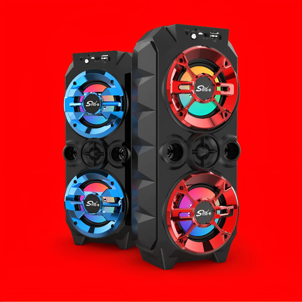 Portable Bluetooth speaker with pull rod handle and colourful LED lights in blue colour option