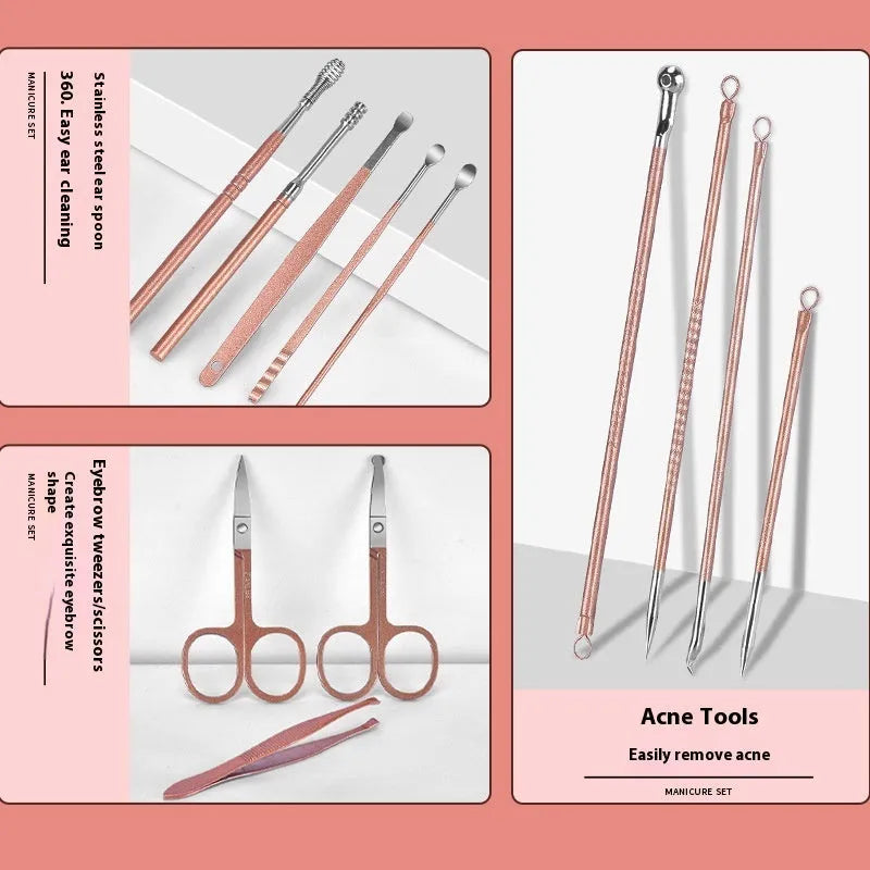 30-piece stainless steel nail tool set in selected colour showing multiple implements