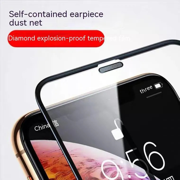 Privacy tempered glass screen protector with dustproof net for iPhone, showing anti-peeping, blue light, and standard variants.