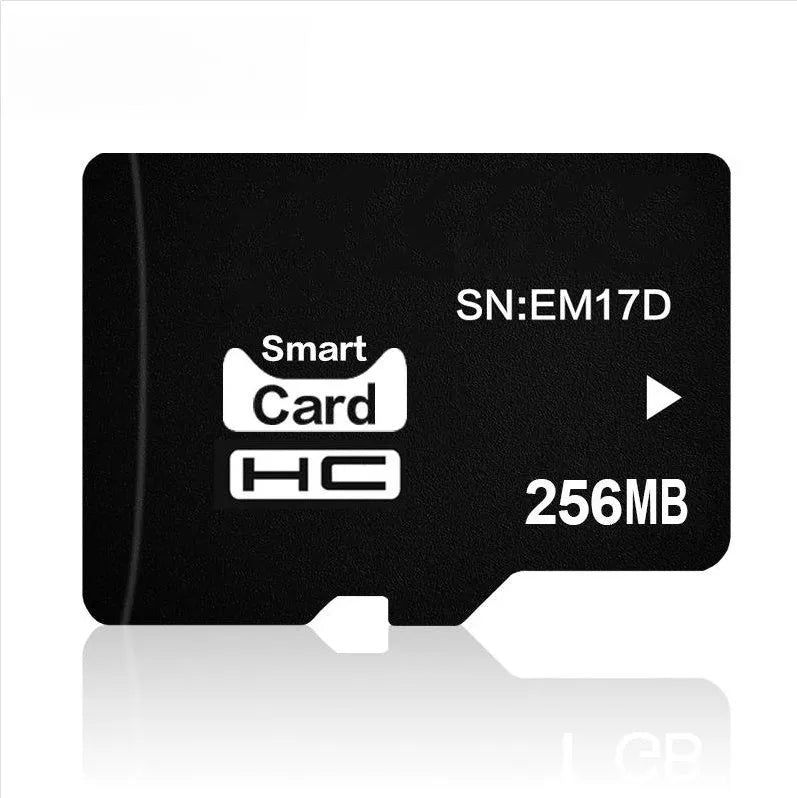 Close-up of a 256MB TF memory card with integrated mini speaker, showing its compact 11x15x1mm dimensions.