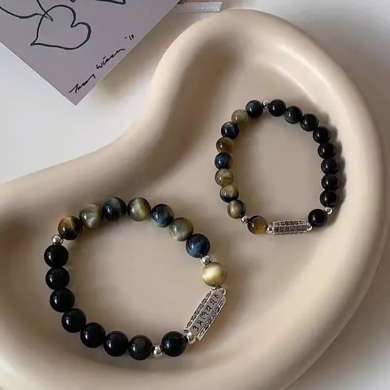 Tigereye Obsidian and Sterling Silver couple bracelets with Chinese geometric design