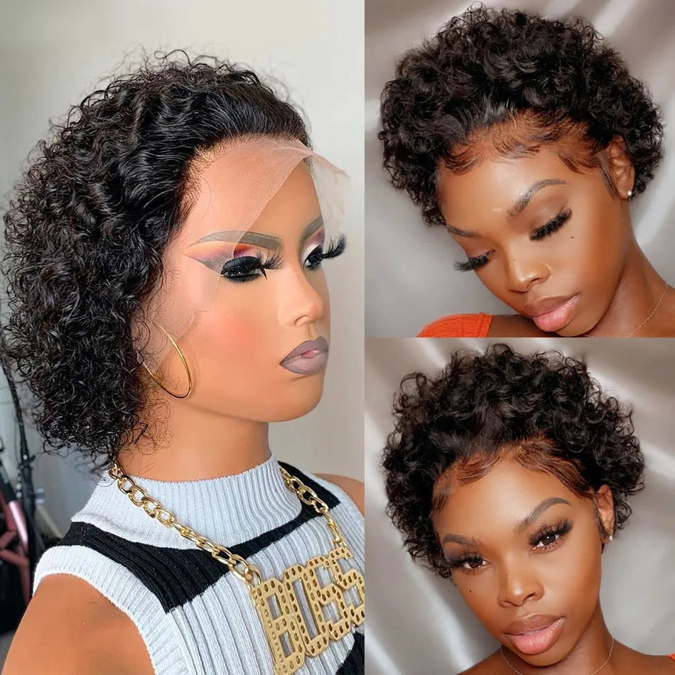 Black human hair lace front pixie wig in colour 13x1 on a stand.