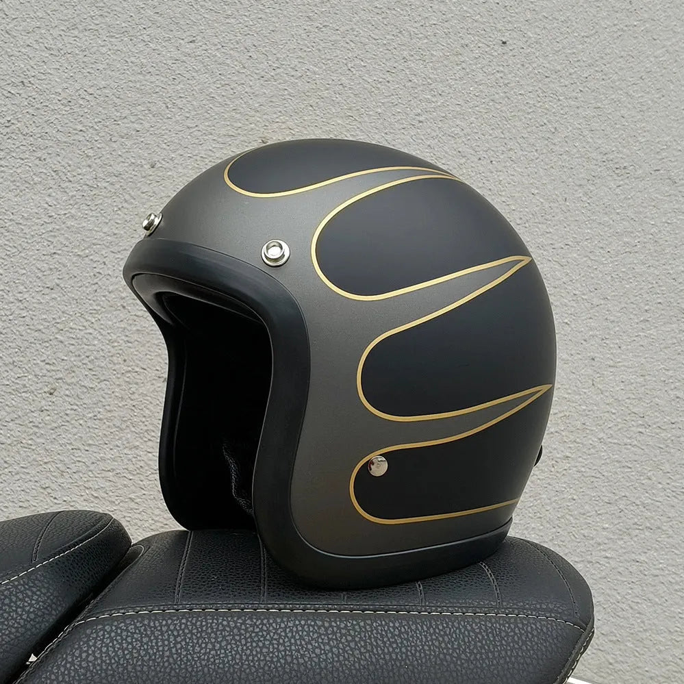Glass fibre FRP retro half motorcycle helmet shown in a cement grey colour.