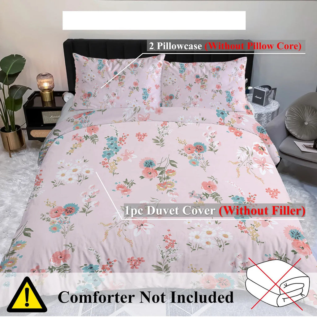 Pink floral microfiber duvet set with two pillow shams on a bed