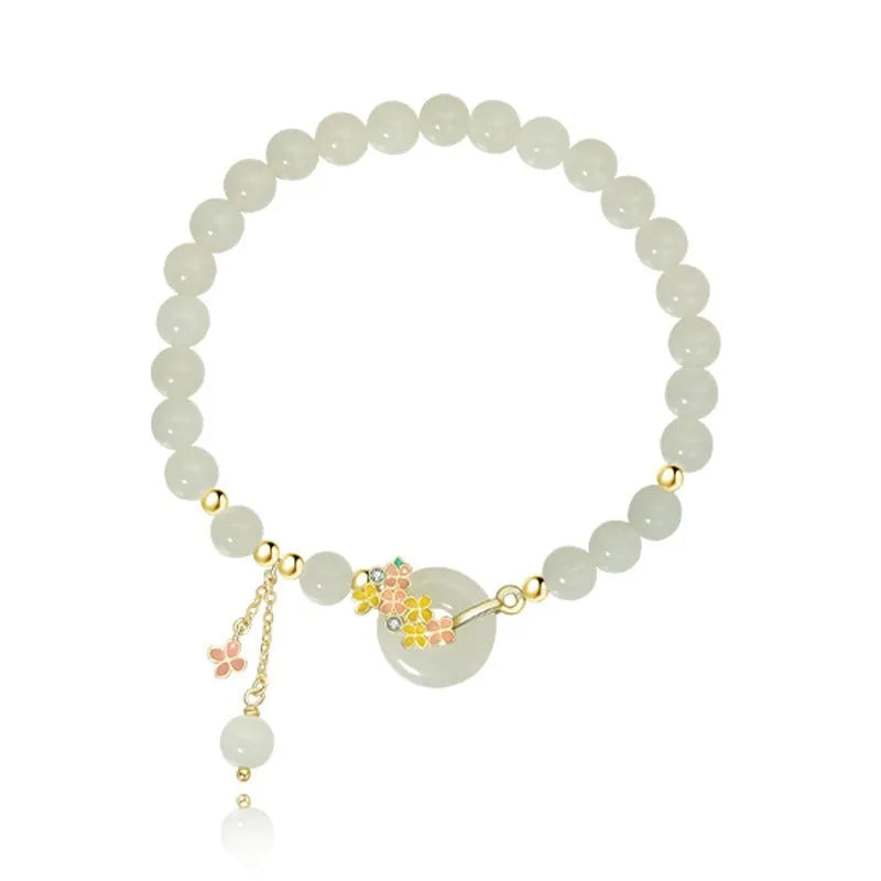 Osmanthus peace buckle bracelet with natural Hetian jade beads and 925 sterling silver setting