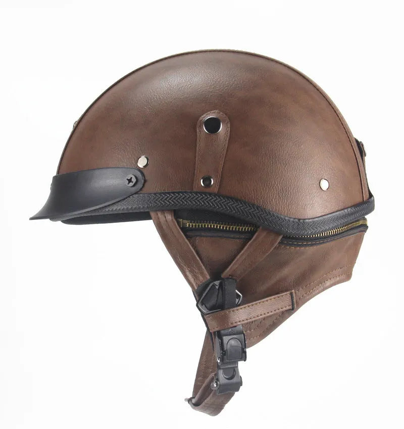 Retro leather half helmet for cruiser motorcycles in black colour showing ABS construction