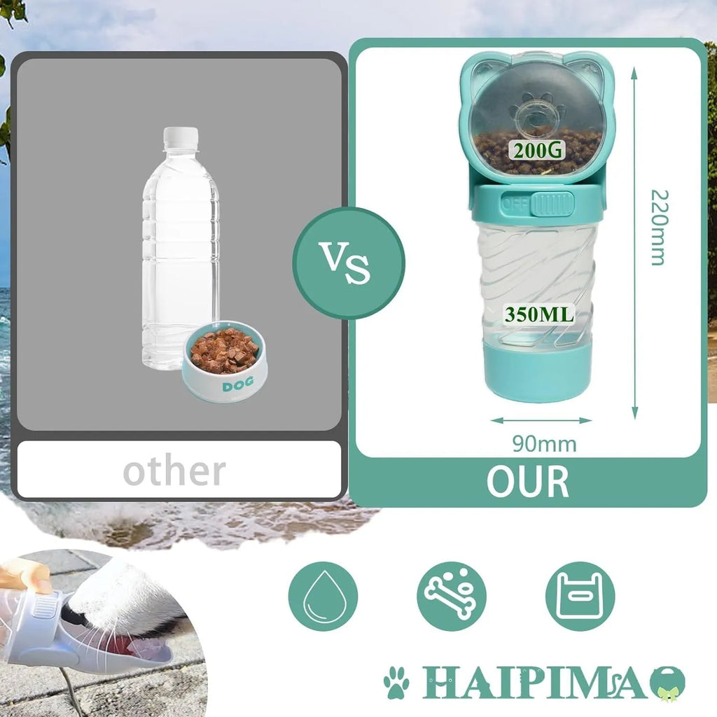 Green, pink, or white 3-in-1 portable pet water bottle with food container and garbage bag dispenser and shoulder strap.