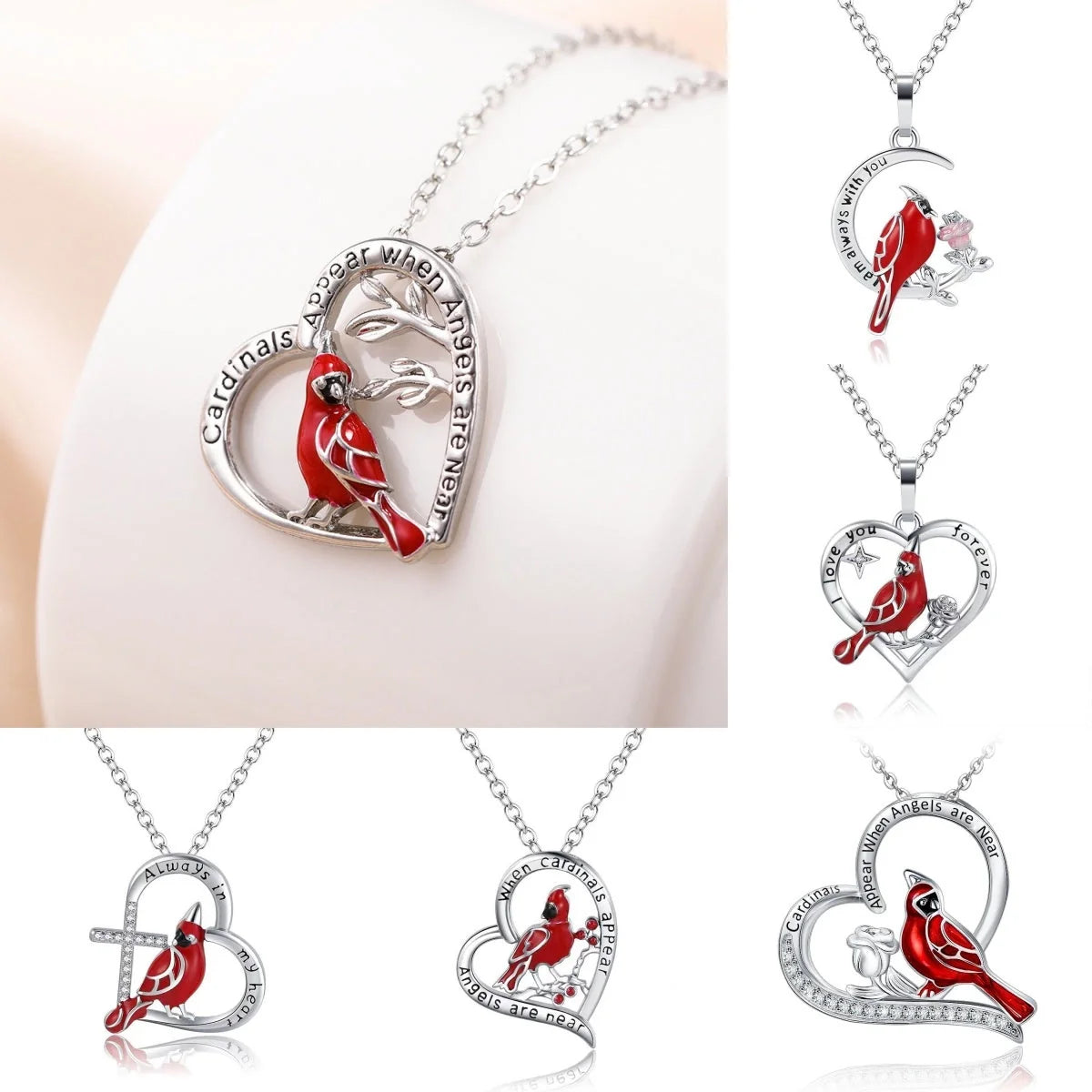 Heart shaped cardinal pendant necklace with silver water wave chain